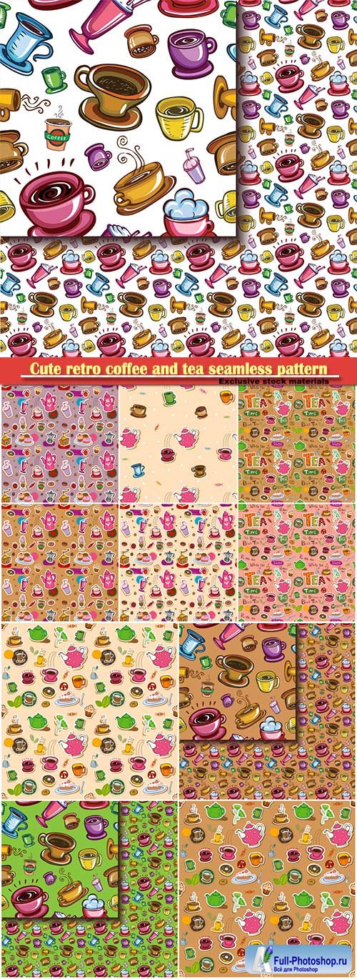 Cute retro coffee and tea seamless pattern with teapots, cups, entertainments and sweets