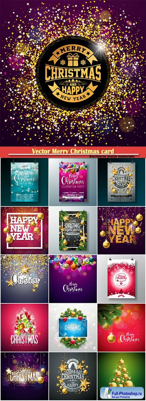 Vector Merry Christmas card on shiny background with holiday elements