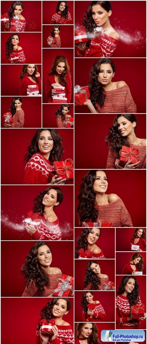 Girl with Christmas Gifts on Red Background 24xJPG