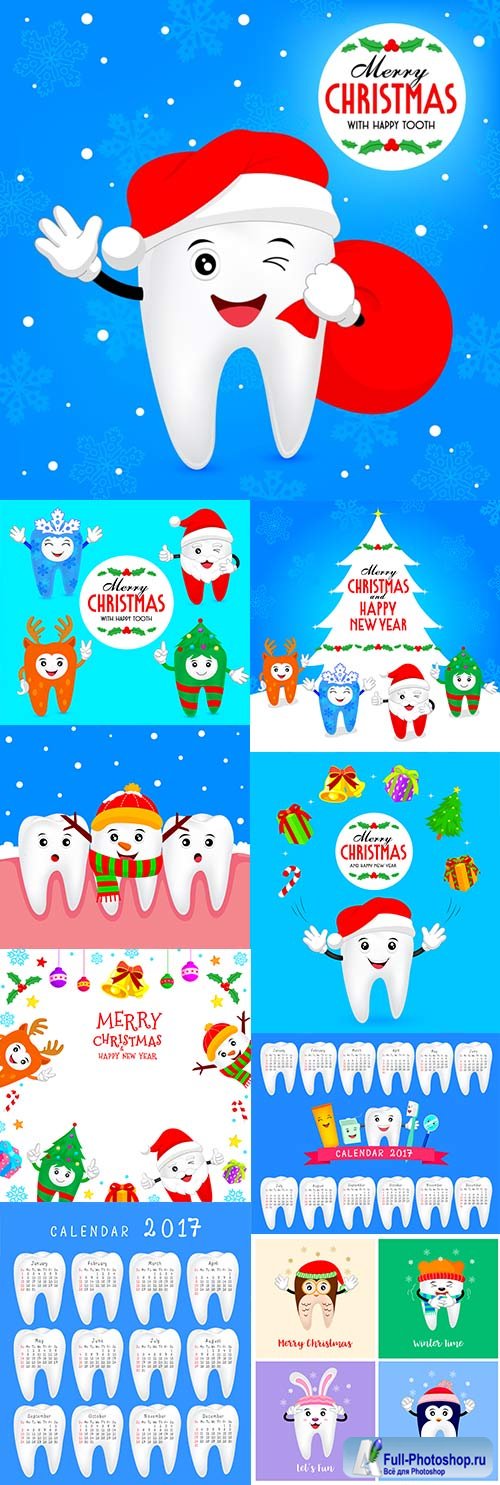 Cartoon tooth in Santas cap and calendar 2017