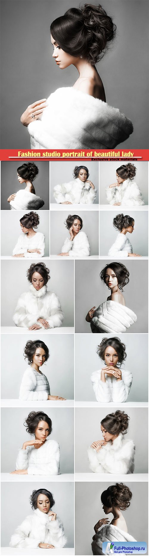 Fashion studio portrait of beautiful lady with elegant hairstyle in white fur coat