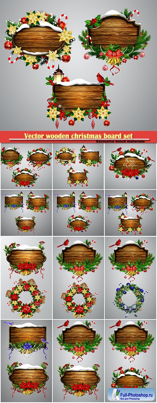 Vector wooden christmas board set with christmas tree Cardinal bird and decorations