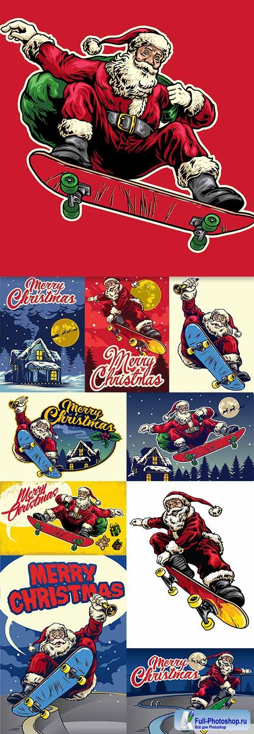 Santa Claus ride skateboard in vintage drawing style