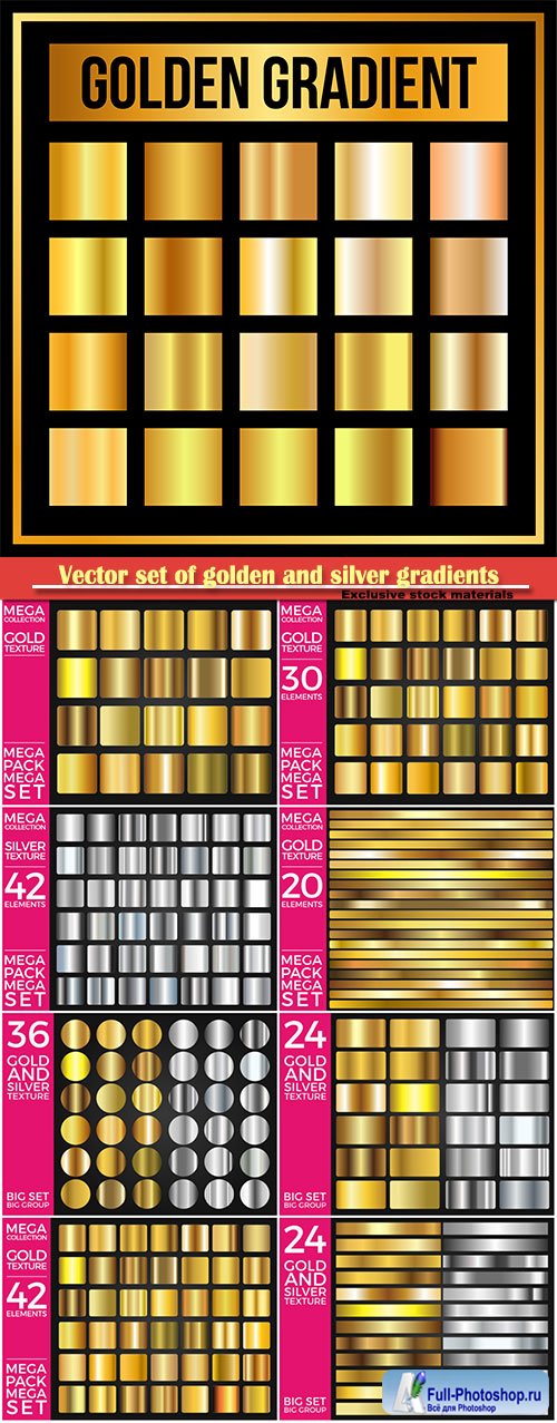 Vector set of golden and silver gradients