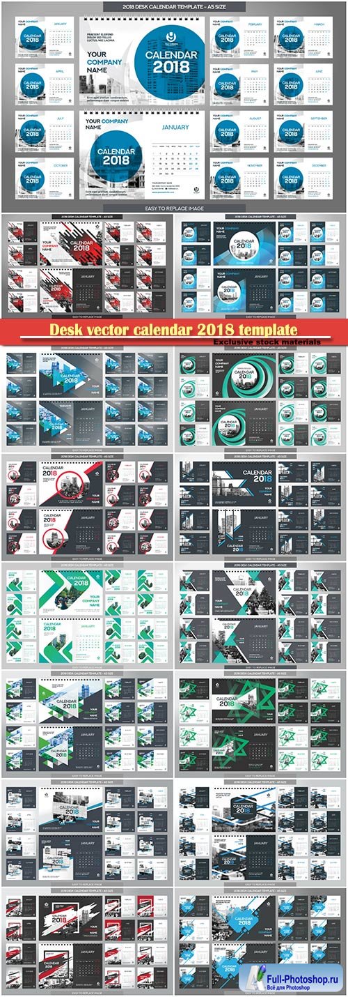 Desk vector calendar 2018 template, 12 months included