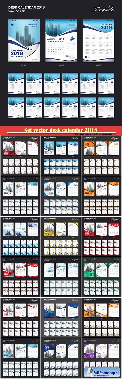 Set vector desk calendar 2018 template design, set of 12 months