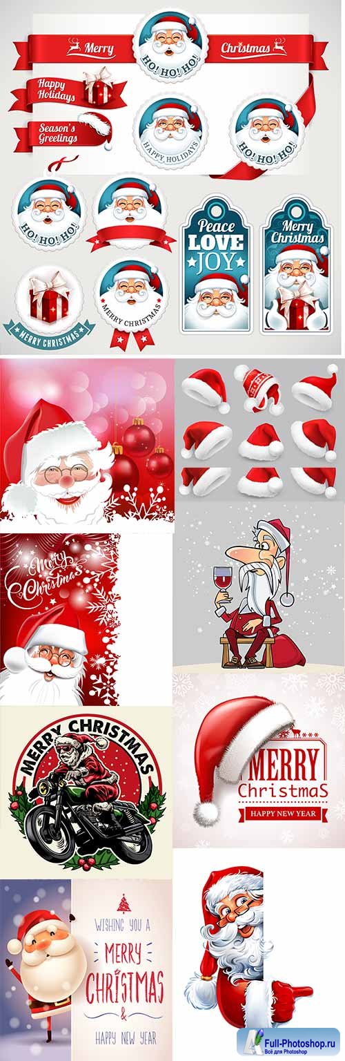 Cheerful Christmas Santa in red cap and gifts