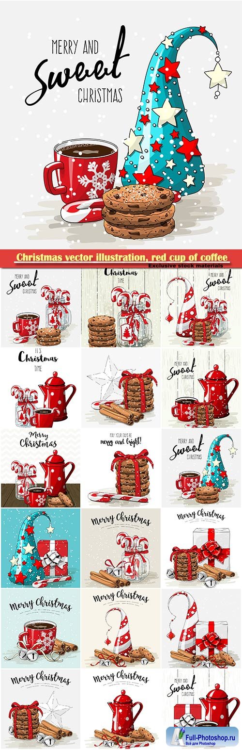 Christmas vector illustration, red cup of coffee with red ribbon, stack of cookies and candy canes in glass jar