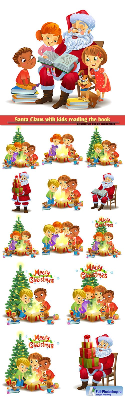Santa Claus with kids reading the book vector illustration