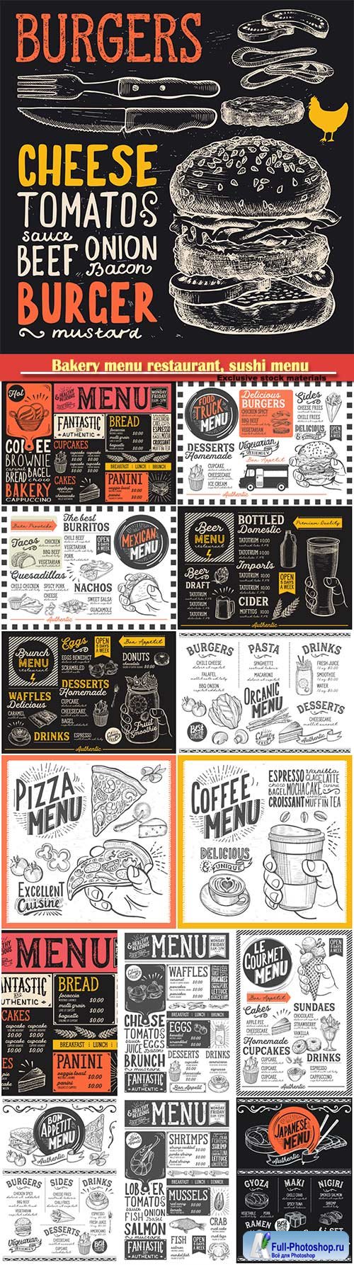 Bakery menu restaurant, sushi menu, burger, pizza poster, food vector template