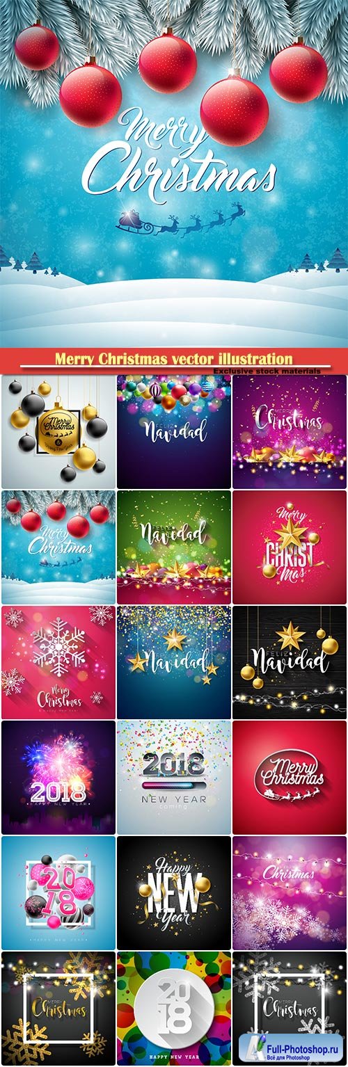 Merry Christmas vector illustration with decoration, holidays flyer