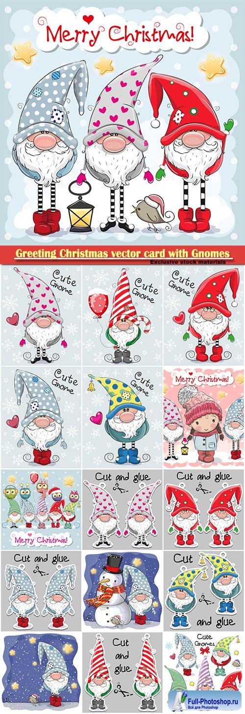 Greeting Christmas vector card with Gnomes and owls