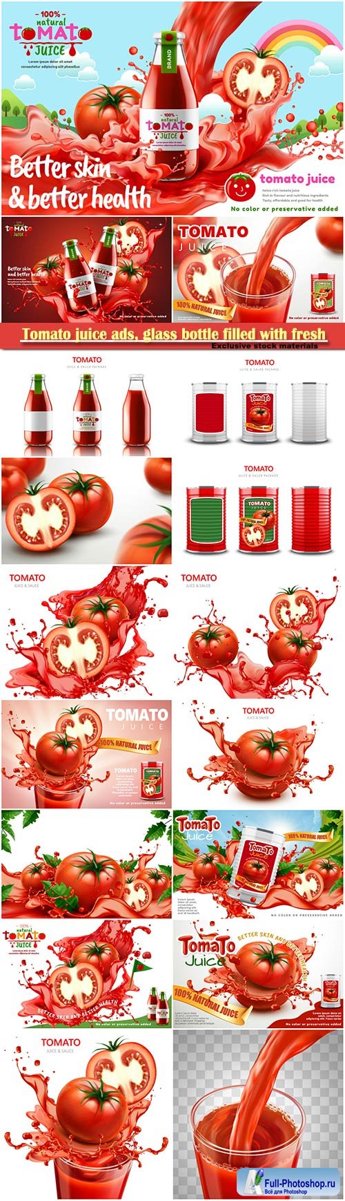 Tomato juice ads, glass bottle filled with fresh tomato juice with splashing juice, 3d illustration