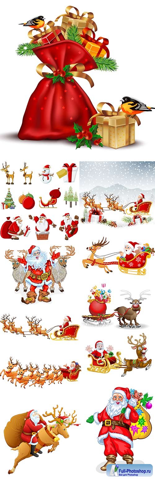 Happy Santa and cartoon team deer with gifts