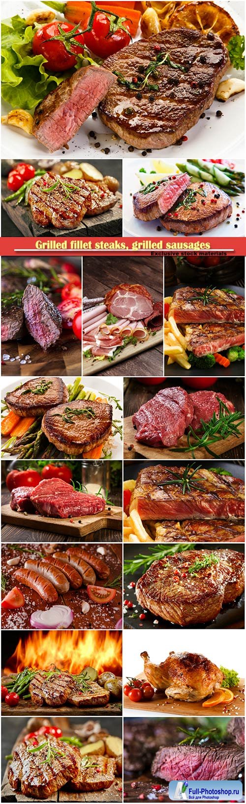 Grilled fillet steaks, grilled sausages and vegetables, tomato and onion