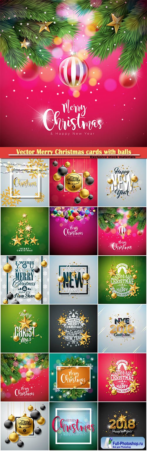 Vector Merry Christmas cards with balls, Happy New Year designposter