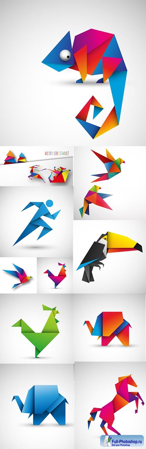 Origami from color paper bird and animals design