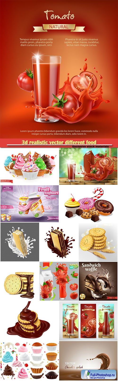 3d realistic vector different food, sweet dessert, cake, cupcake, chocolate, juice