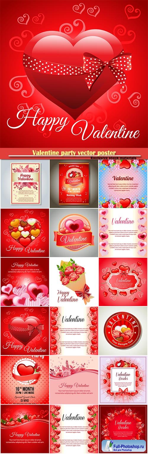 Valentine party vector poster, happy valentine various card