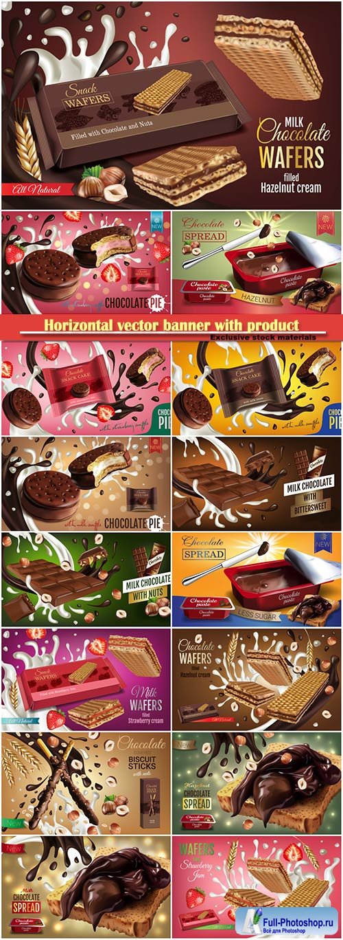 Horizontal vector banner with product, milk wafers with strawberry cream, milk chocolate with bittersweet, chocolate pie with milk and strawberry souffle