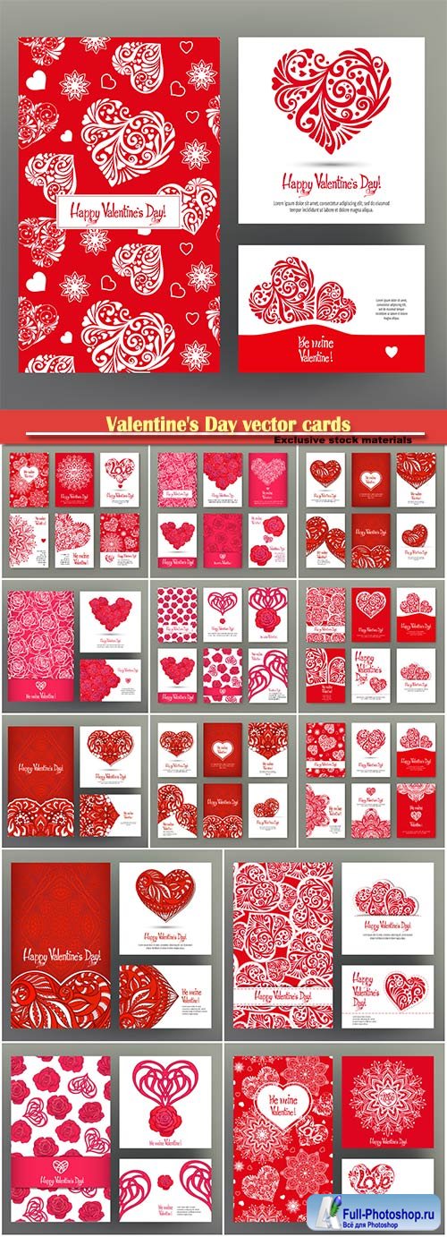 Valentine's Day vector cards or banners for with ornate red love hearts, red roses and beautiful design elements and inscriptions