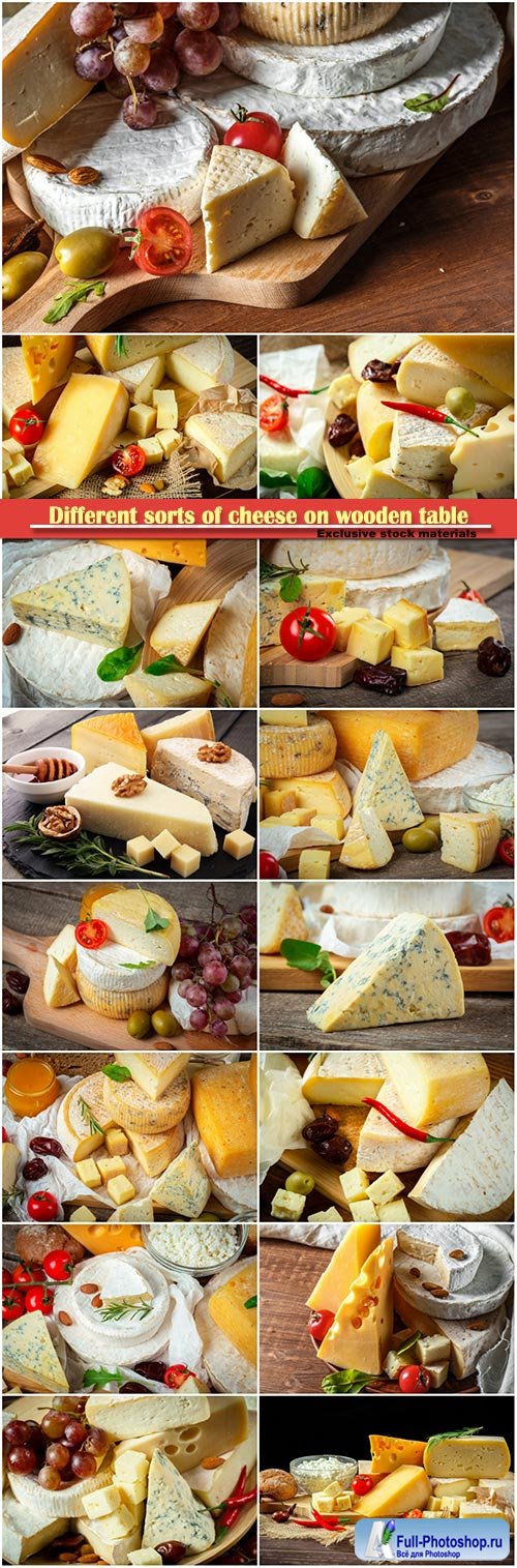 Different sorts of cheese on wooden table