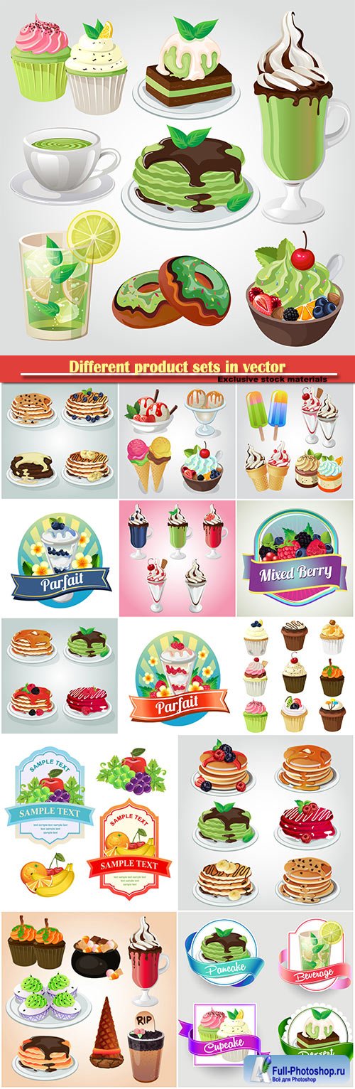 Different product sets in vector, sweets, drinks, pastries, ice cream