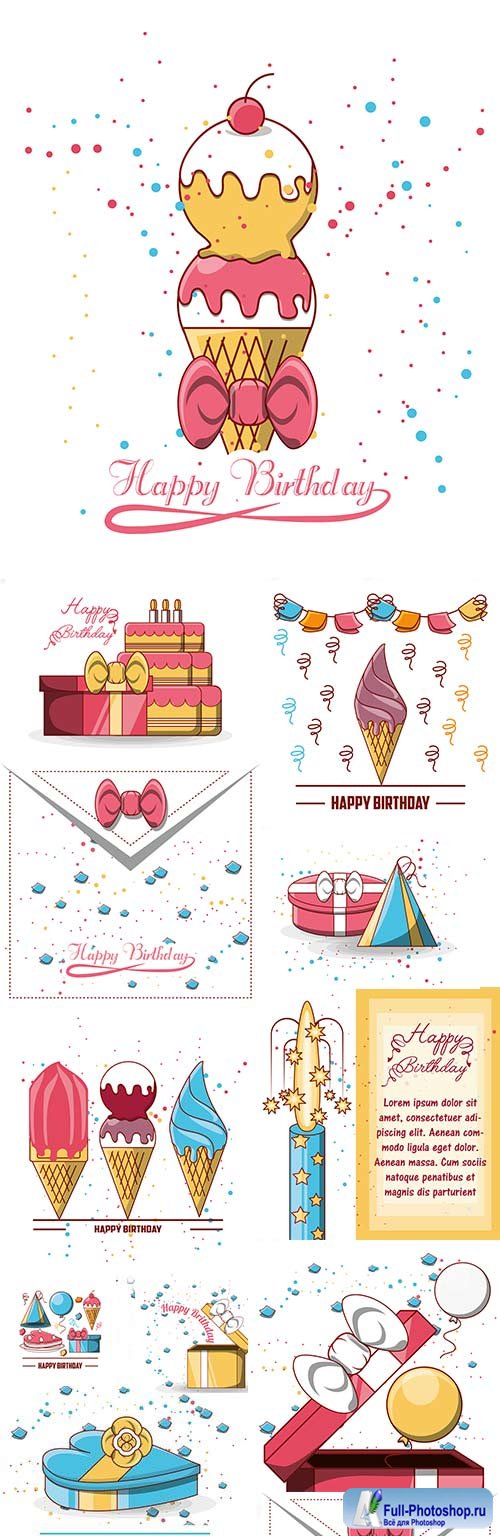 Happy birthday invitation cake ice cream and gifts