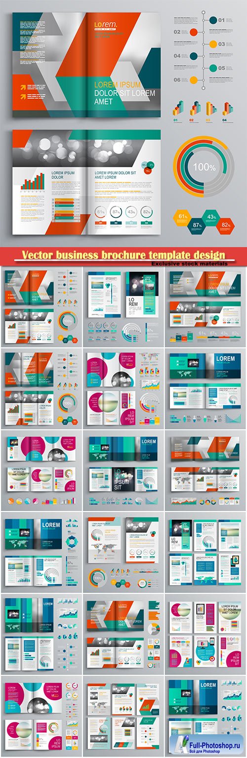Vector business brochure template design with vertical shapes, cover layout and infographics