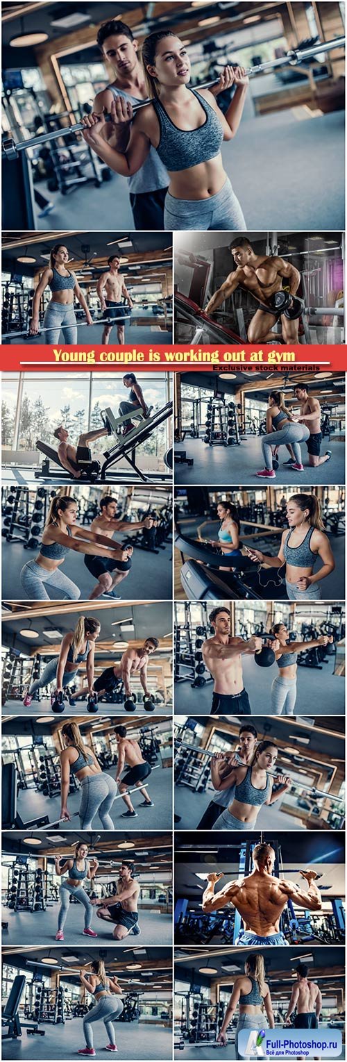Young couple is working out at gym
