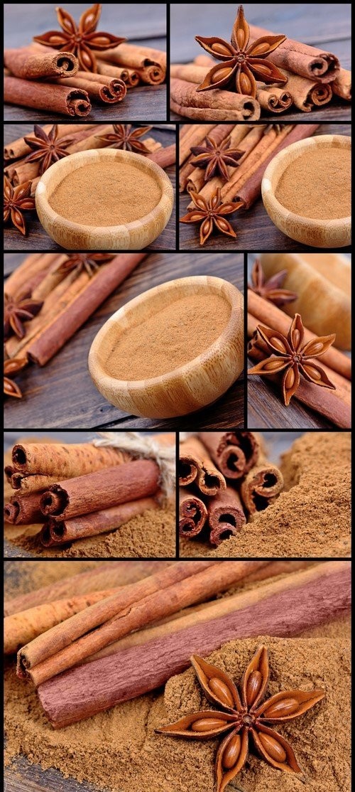 Cinnamon sticks with anise star and cinnamon powder on table 9X JPEG