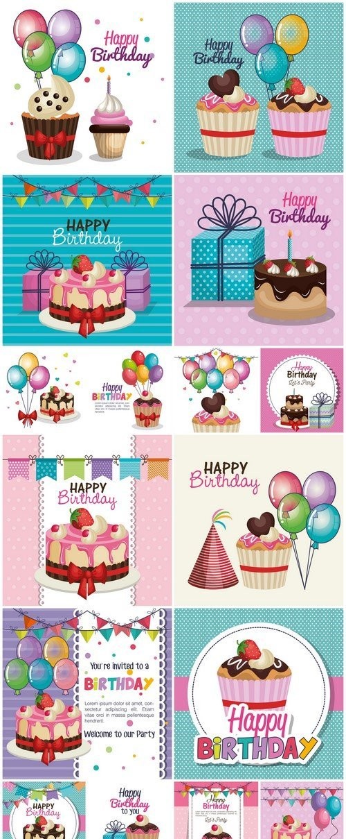 Happy birthday party invitation with sweet cupcake 16X EPS