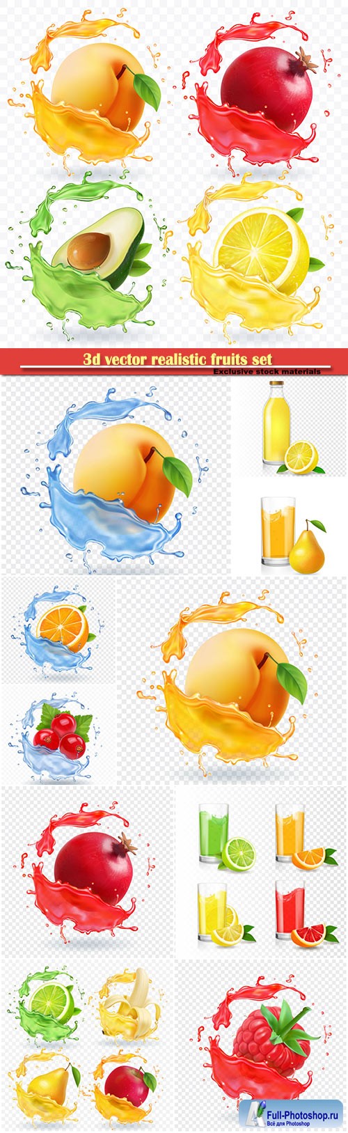 3d vector realistic fruits set, banana, apple, lime, pear juice splashes