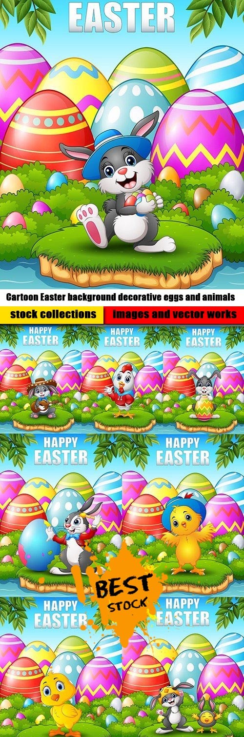 Cartoon Easter background decorative eggs and animals