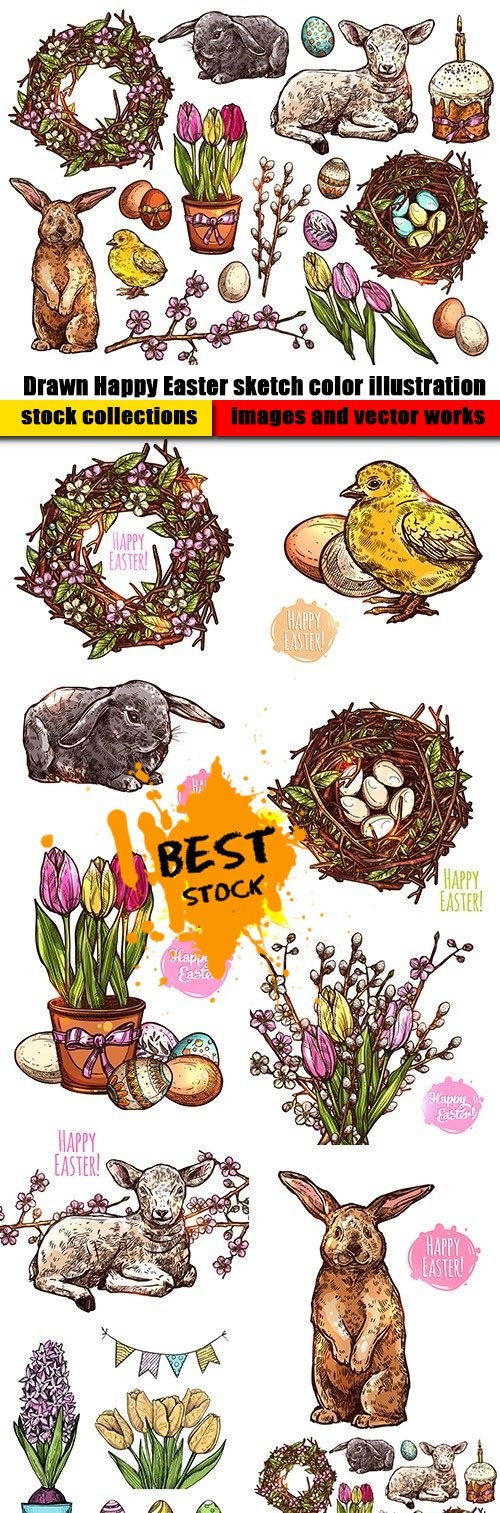 Drawn Happy Easter sketch color illustration