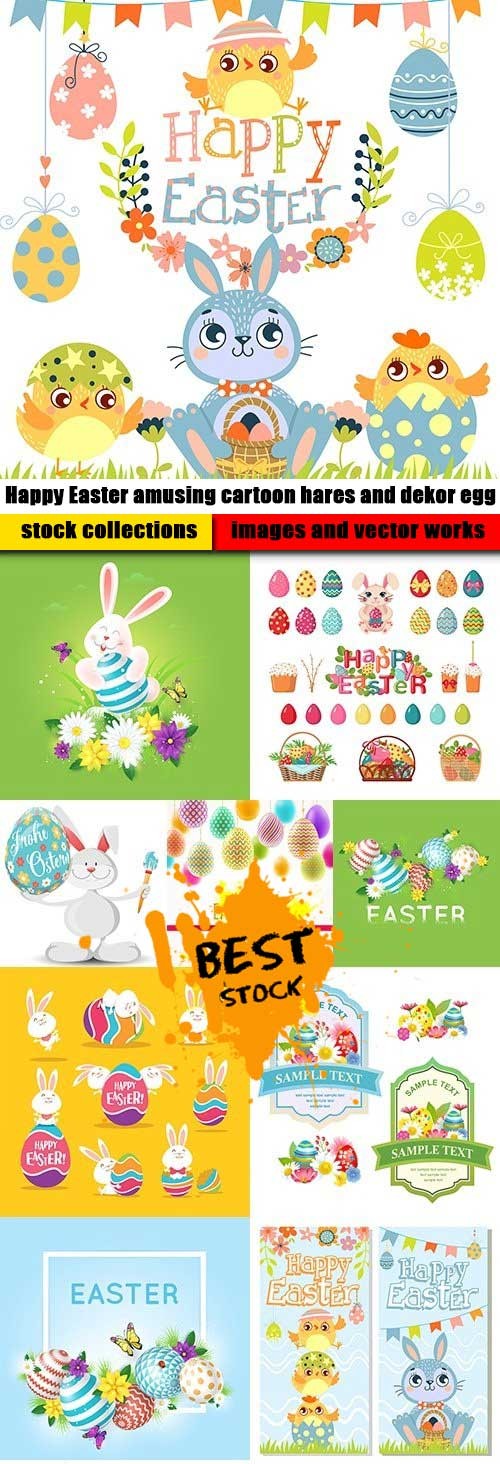 Happy Easter amusing cartoon hares and dekor egg