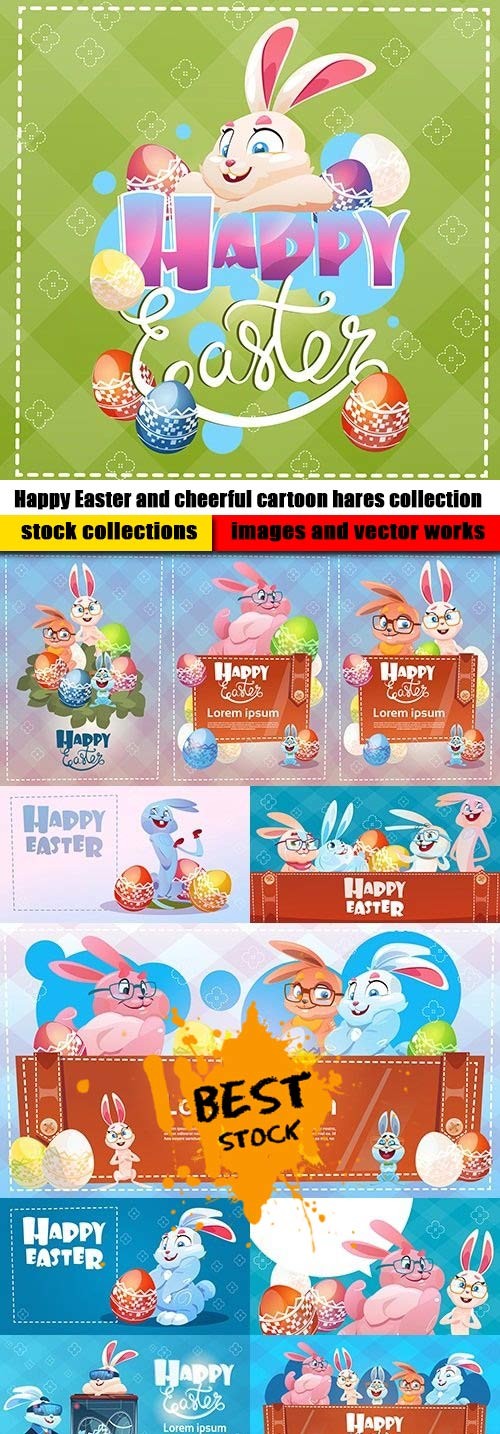 Happy Easter and cheerful cartoon hares collection