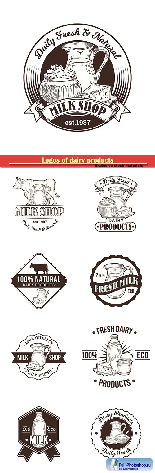 Logos of dairy products, fresh milk vector illustration