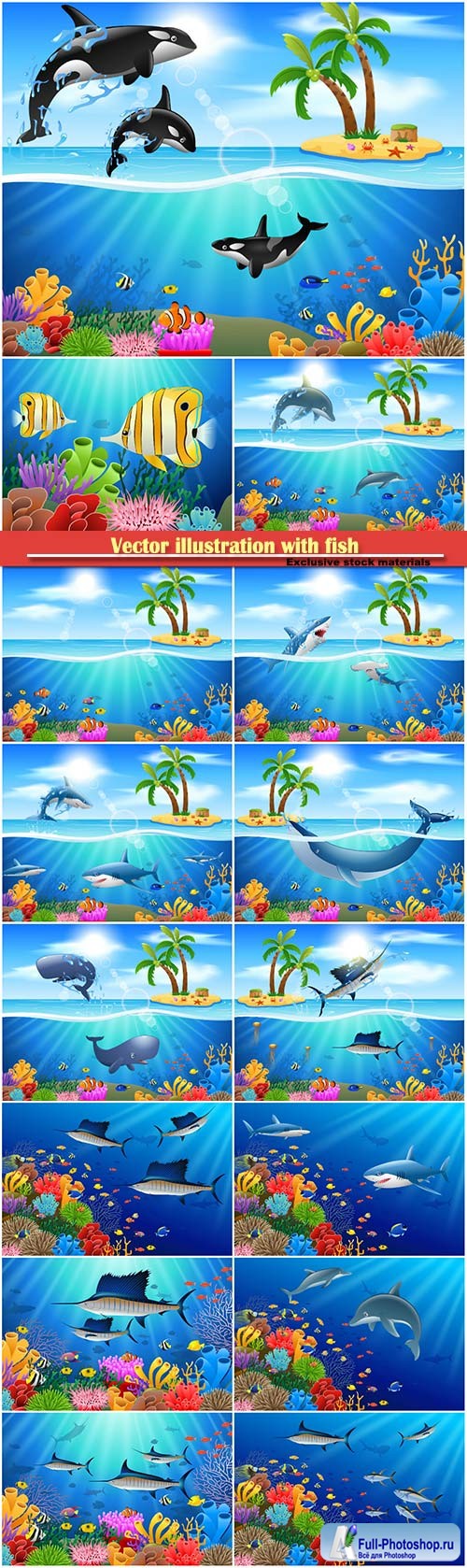 Underwater world, vector illustration with fish