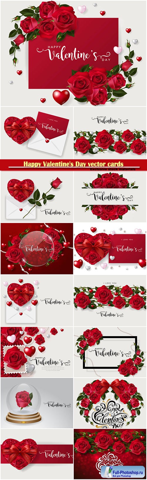 Happy Valentine's Day vector cards, red roses and hearts, romantic backgrounds # 2