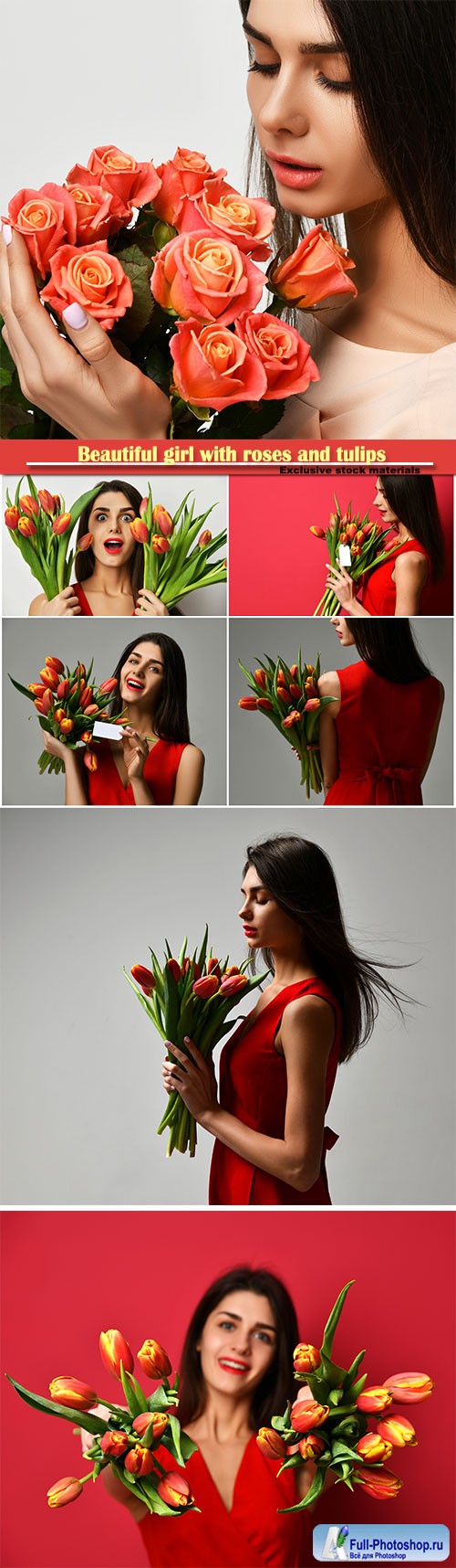 Beautiful girl with roses and tulips