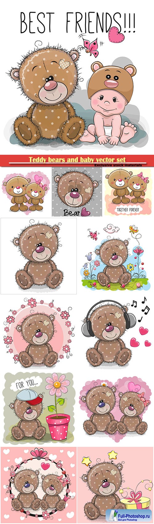 Teddy bears and baby vector set
