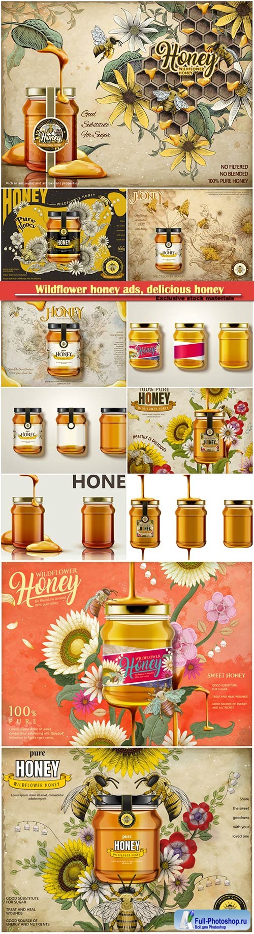 Wildflower honey ads, delicious honey dripping from top with glass jar in 3d illustration, retro flowers elements in etching shading style