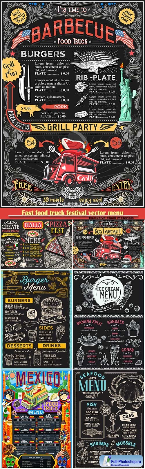 Fast food truck festival vector menu, BBQ grill brochure street food poster design