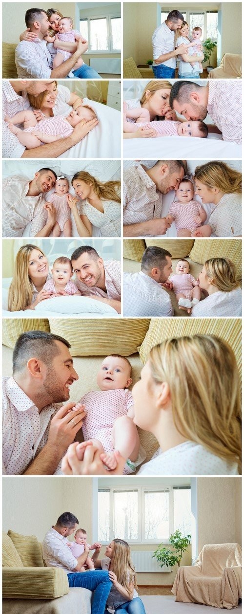Happy family Parents with baby on the bed Closeup 10X JPEG