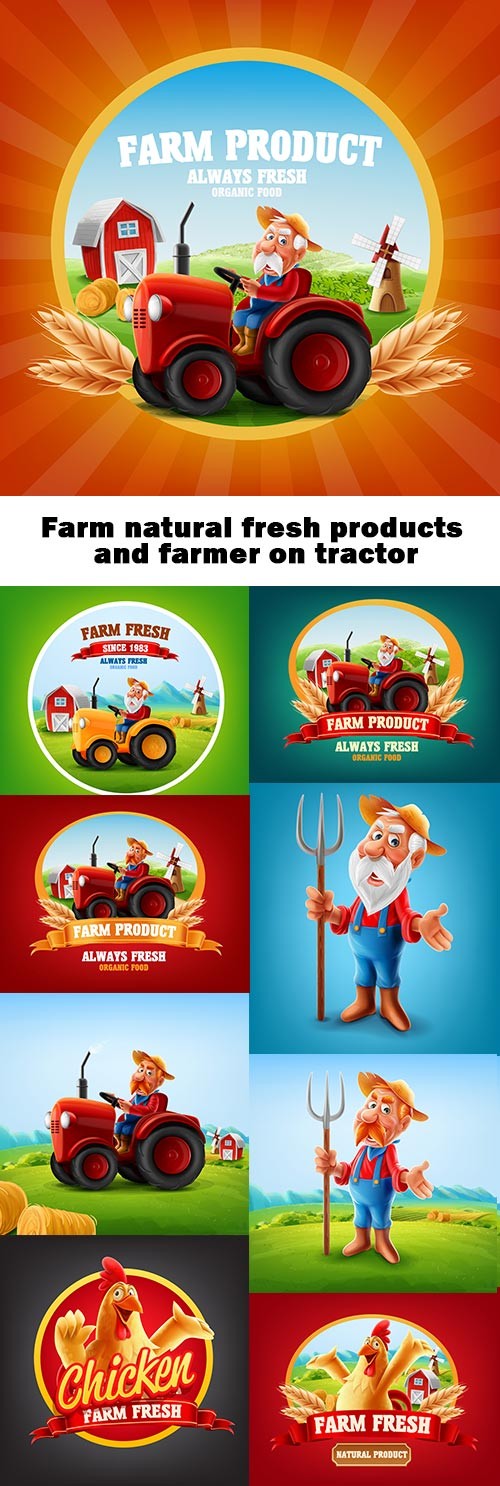 Farm natural fresh products and farmer on tractor