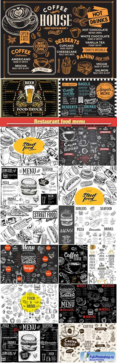 Restaurant food menu, bakery, burger, hot dog, french fries, pizza, coffee, hand drawn vector illustration