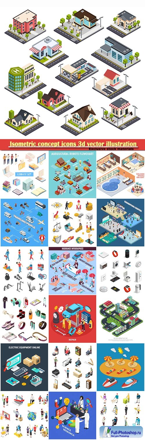 Isometric concept icons 3d vector set