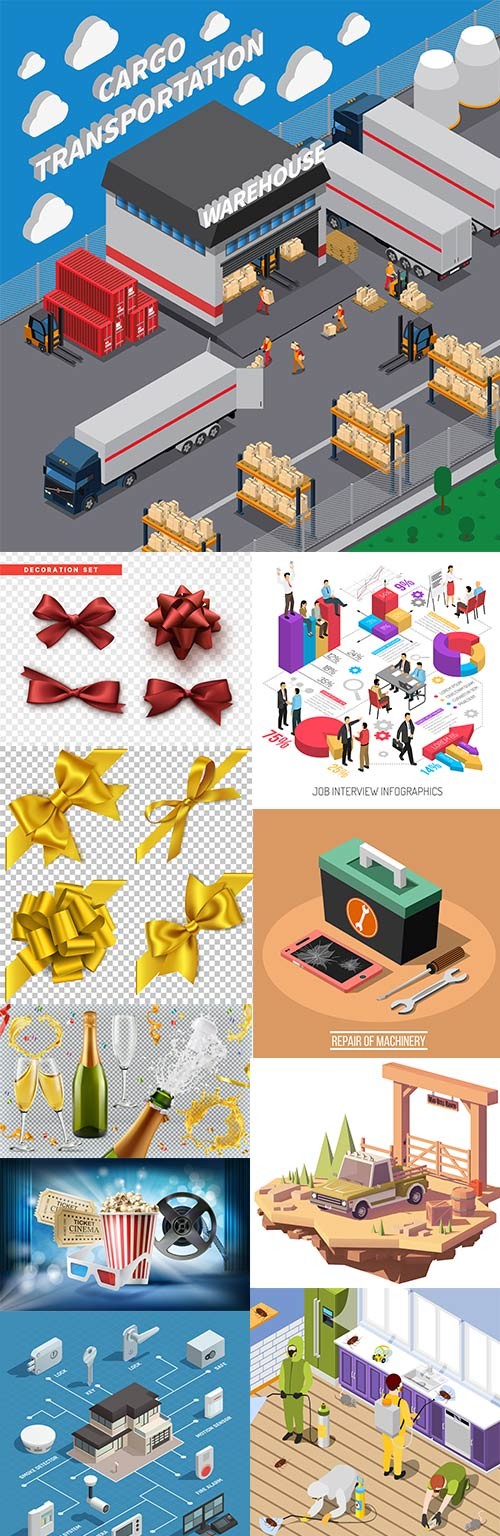 Isometric composition and decorative elements illustration