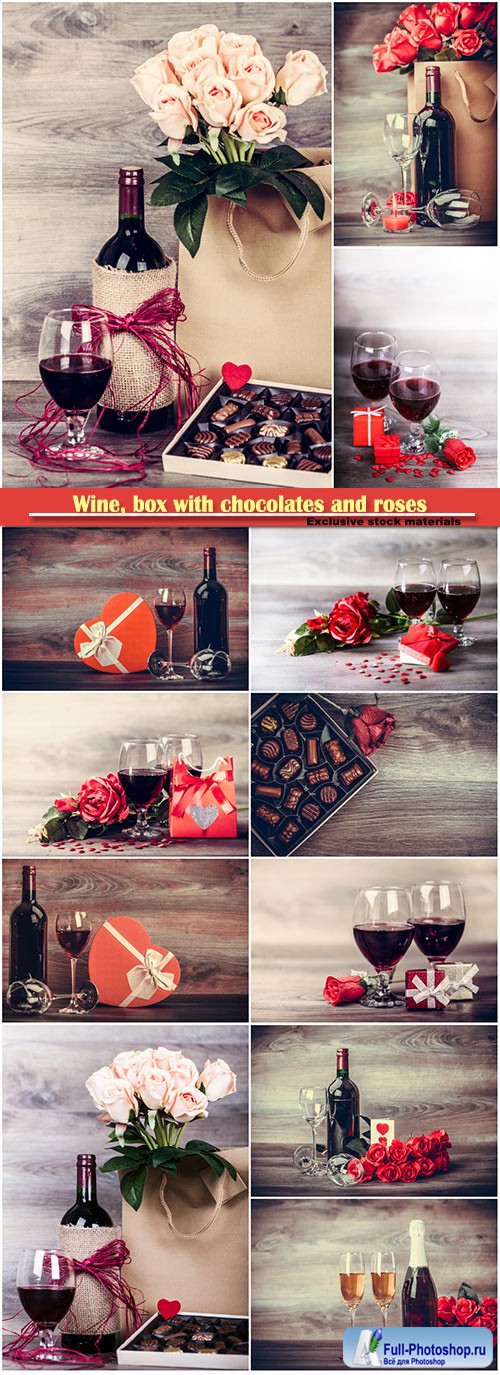 Wine, box with chocolates and roses